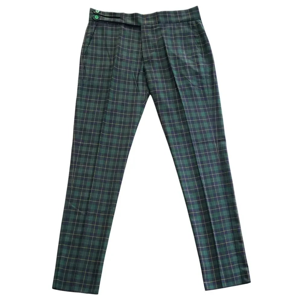 Mens 36 Gurkha Pants Green Navy Tartan Plaid Wool Flat Front Slim Fit Trousers